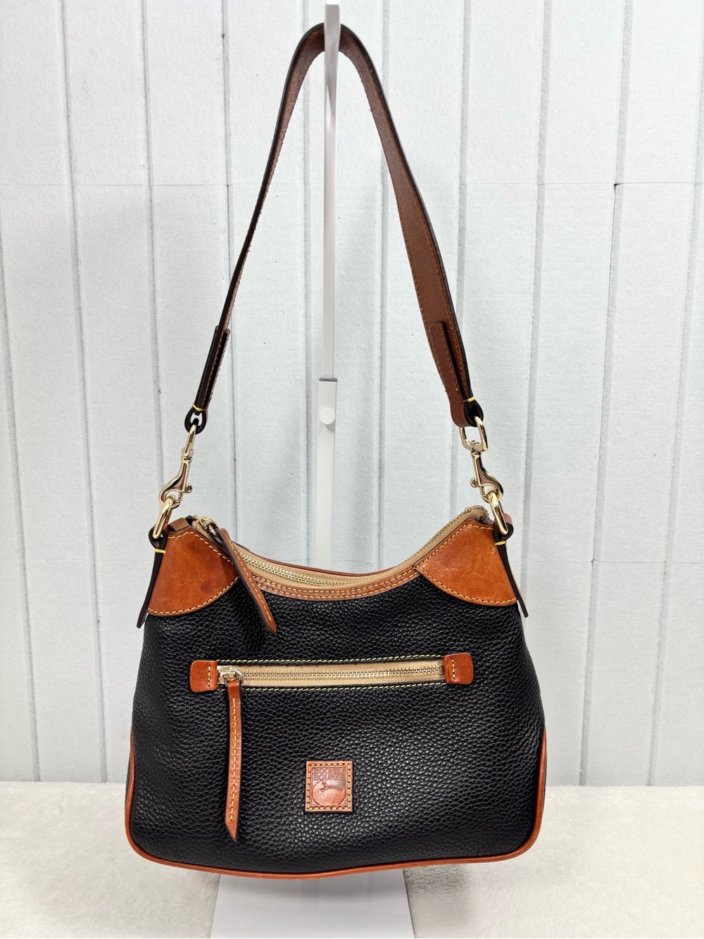 Dooney & Bourke Black with Brown Trim Pebble Leather Shoulder Bag
